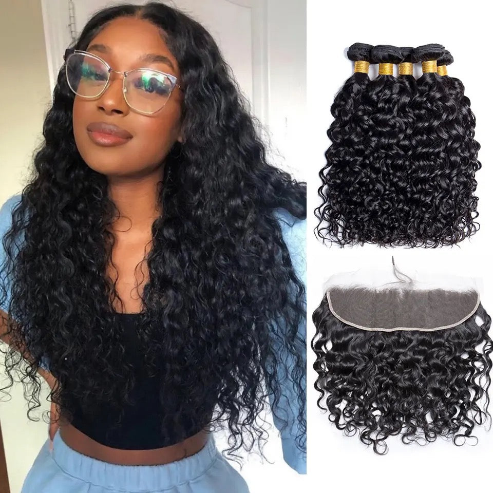 Deep Water Curly Bundles with Full Frontal Closure