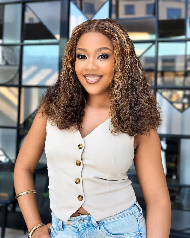 18 Inch Highlight Curly Glueless Human Hair Wig