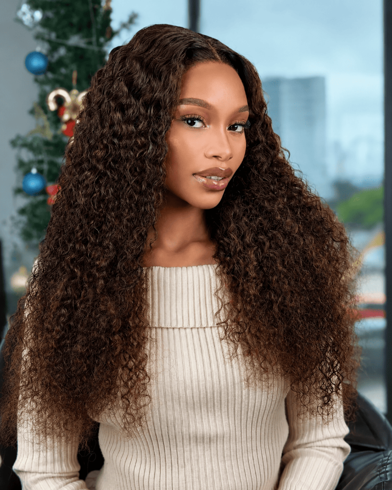 24 Inch Brown Water Curly Glueless Human Hair Wig