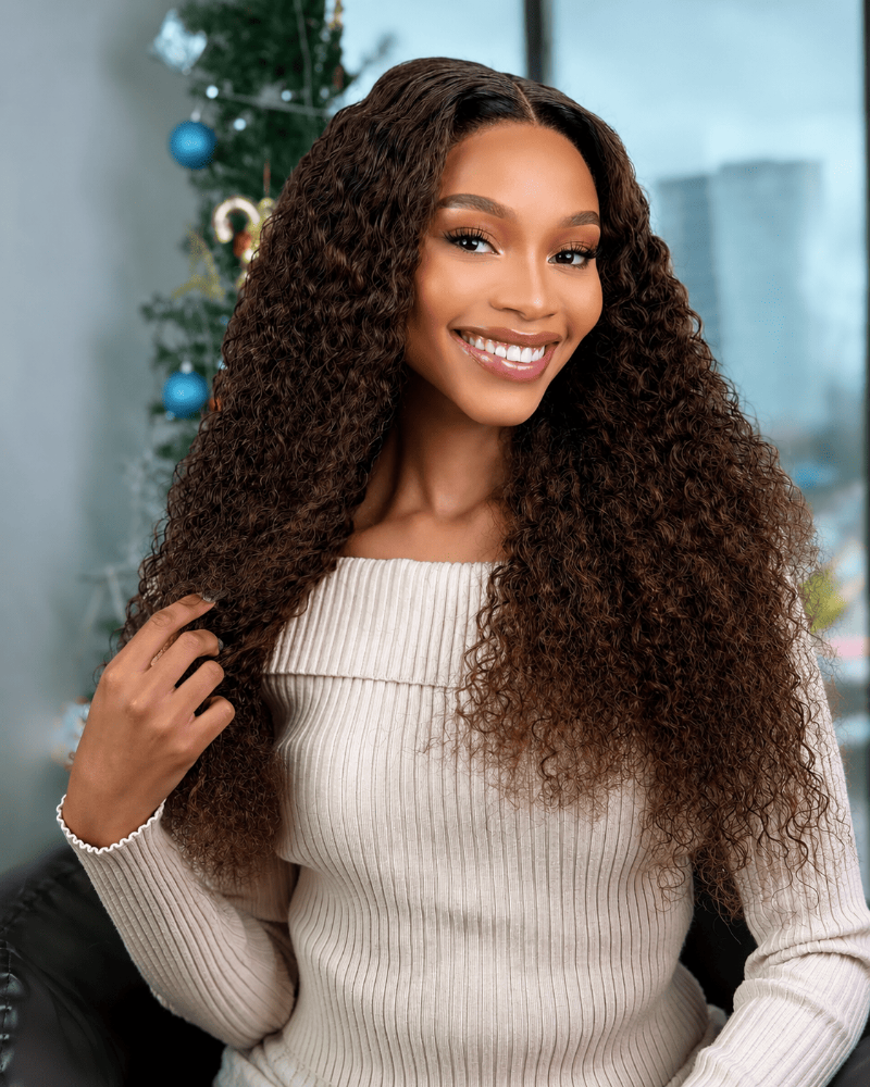 24 Inch Brown Water Curly Glueless Human Hair Wig