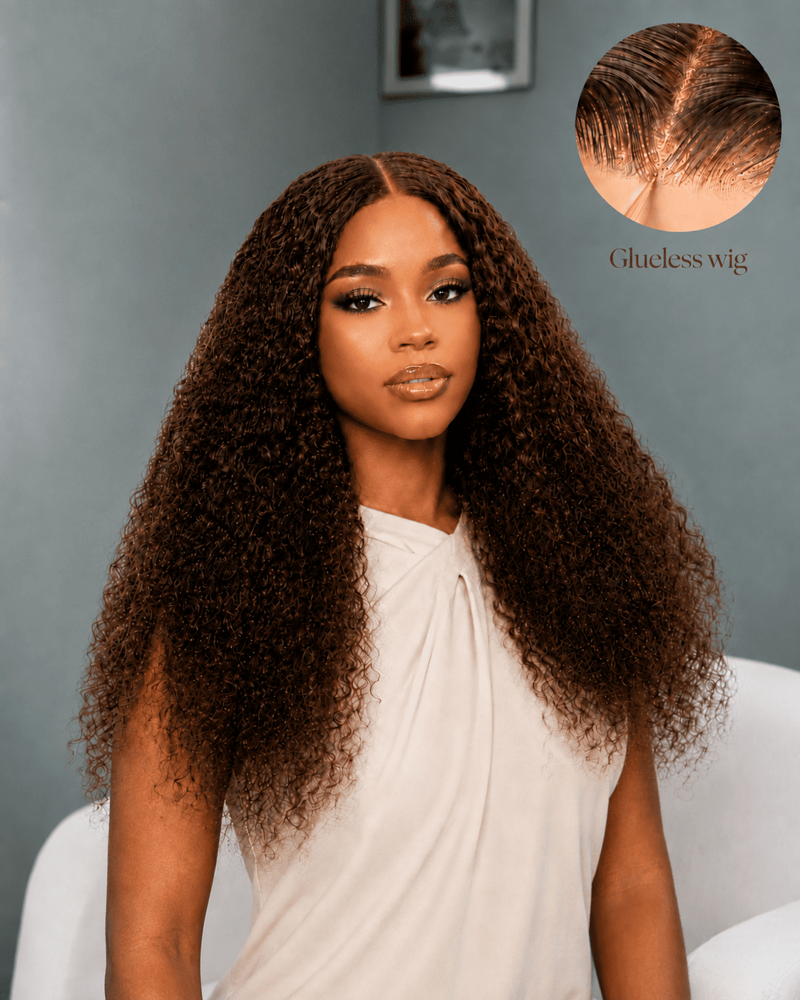 24 Inch Brown Water Curly Glueless Human Hair Wig