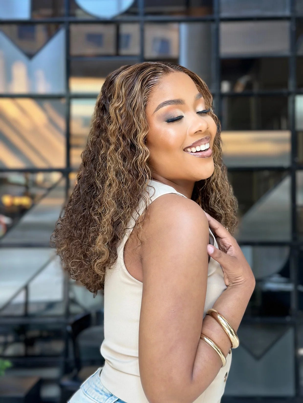 18 Inch Highlight Curly Glueless Human Hair Wig
