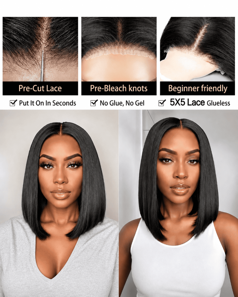 Pre-Bleached 5X5 Glueless Human Hair Bob Wig (8 - 14 Inch)