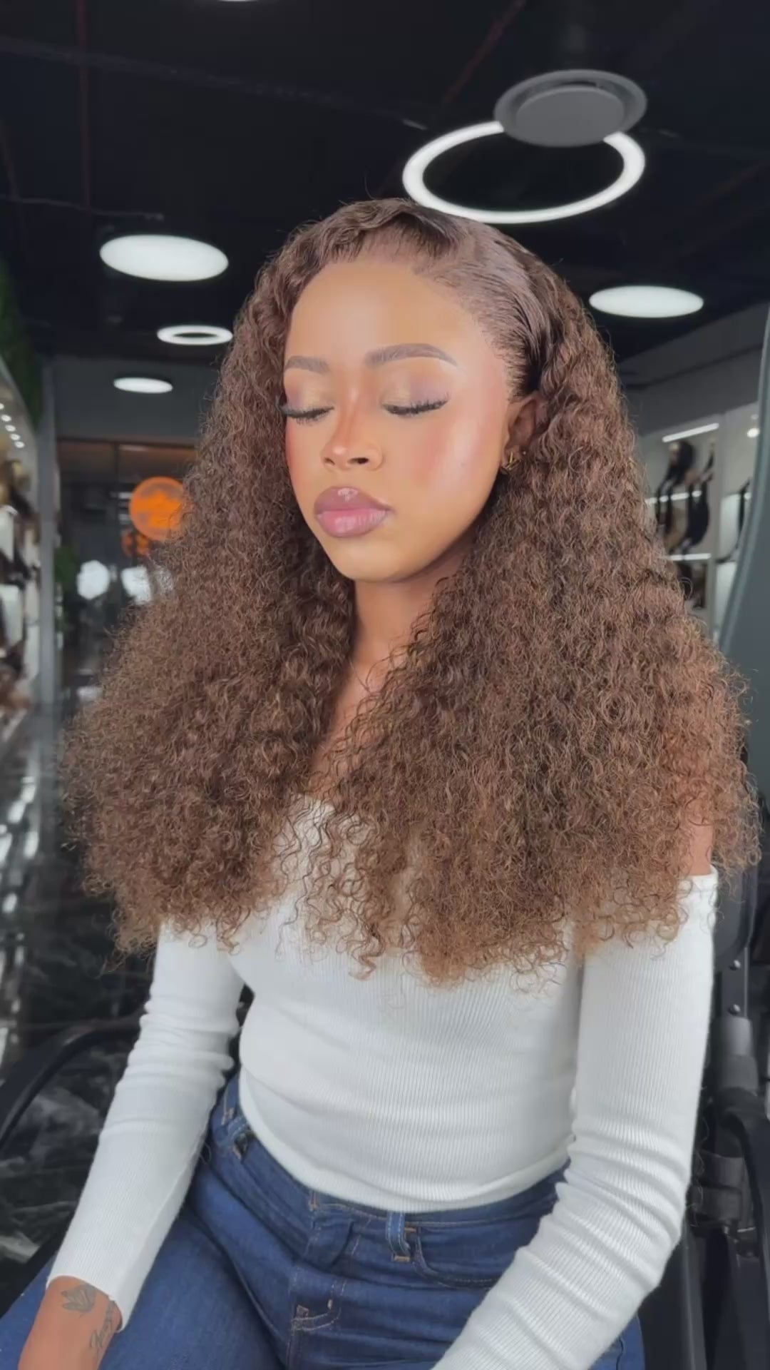 Load video: 26 Inch Chocolate Brown Curly Frontal Human Hair Wig