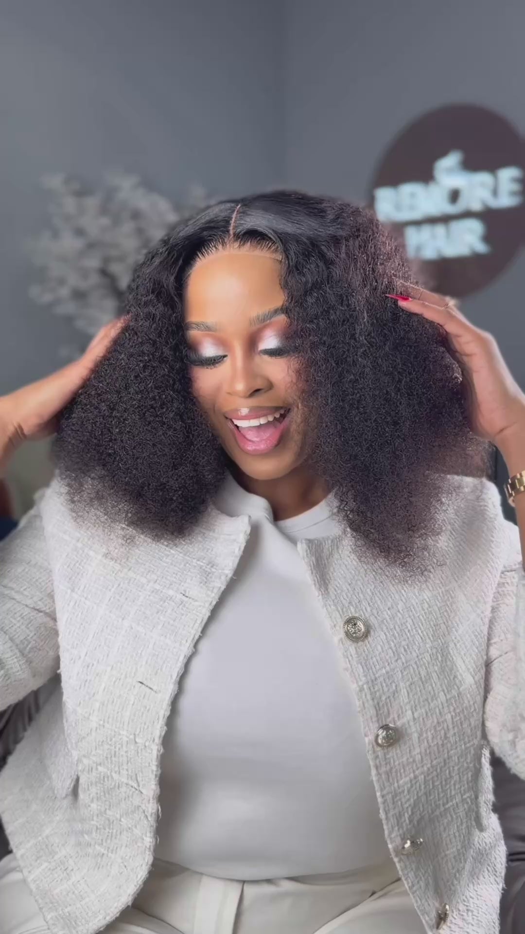 Load video: 20 Inch Glueless Kinky Curly Human Hair Wig
