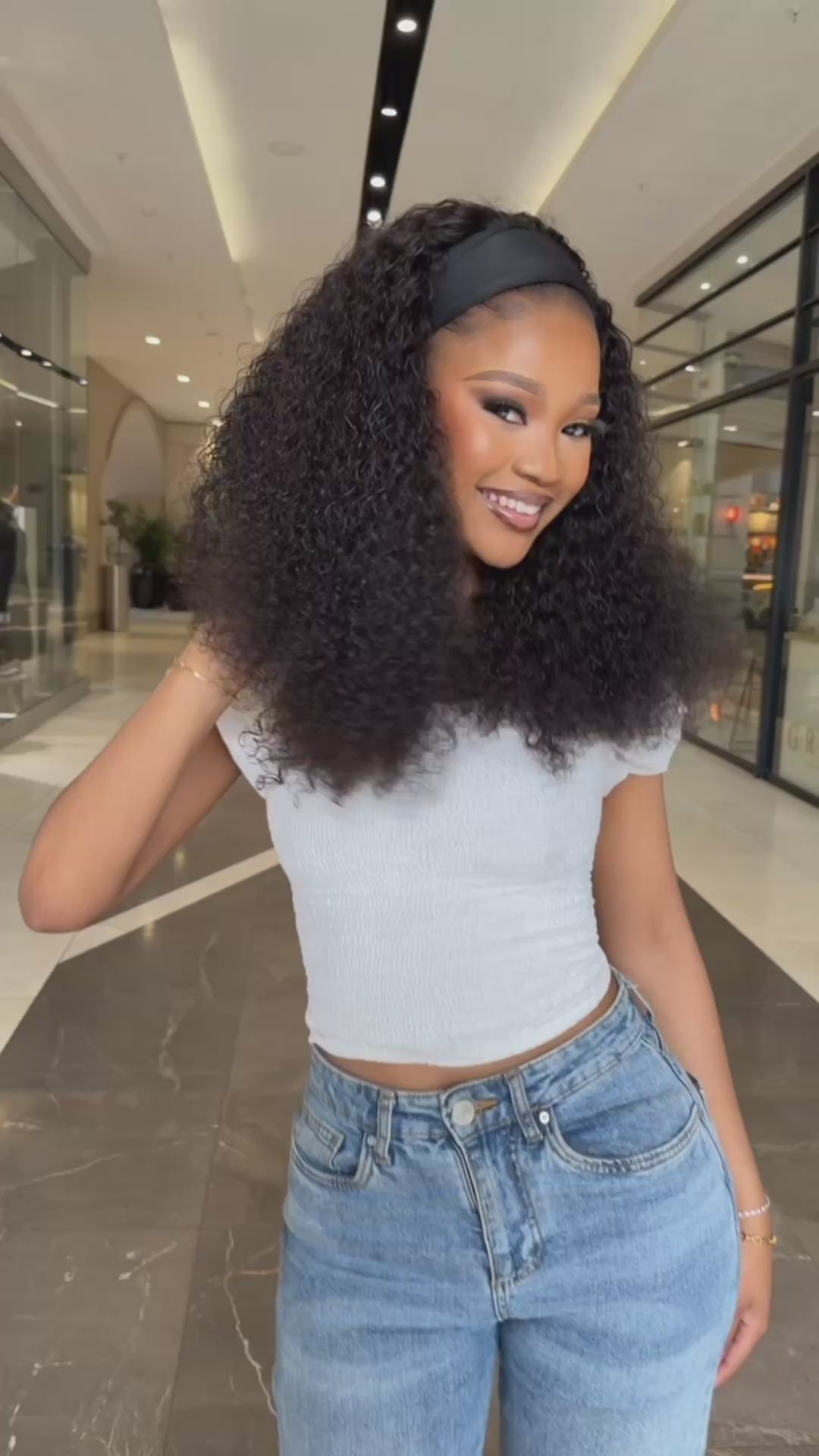 Load video: 22 Inch Water Curly Headband Wig Human Hair