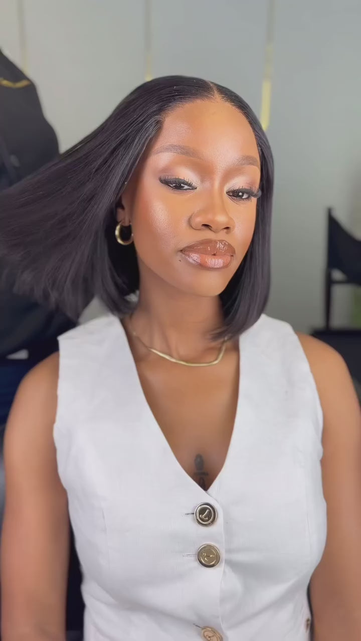 Load video: Pre-Bleached 5X5 Glueless Human Hair Bob Wig (8 - 14 Inch)